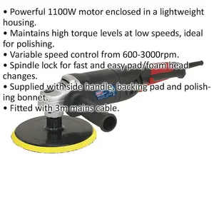 180mm Lightweight Polisher with Variable Speed Control and 1100W Motor