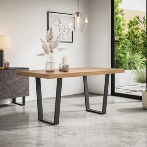 Aria Dining Table And Chairs -  Oak Effect Table Top w Black Legs + Monza Linen Dining Chair Set Of 4 (Beige)