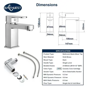 BATHWEST Bathroom Sink Taps Cloakroom Monoblock Chrome Brass Basin Mixer Tap Single Lever