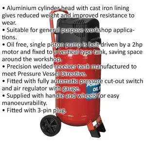 50 Litre Oil Free Belt Drive Air Compressor - 2hp Motor - Quick Release Coupling