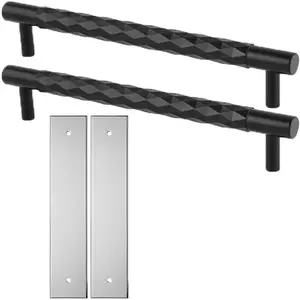 2 PACK - Pull Handle & Contrasting Backplate Set - Designer Diamond T Bar - Matt Black & Chrome