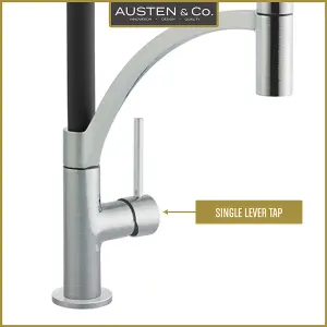 Austen & Co. Madrid Brushed Chrome With Black Pullout Spray Hose Kitchen Mixer Tap. Single Lever Handle & 360 Degree Spout