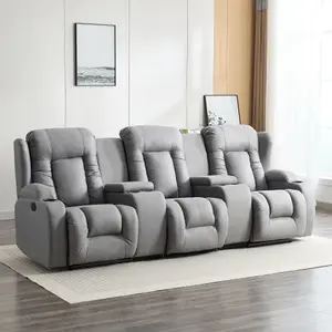 Caesar 3 Seater Grey Technology Fabric Modern Manual Recliner Sofa W Drinks Console