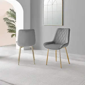 Furniturebox UK 4 Seater Dining Set - Novara 100cm Gold Round Glass Dining Table and Chairs - 4 Grey Velvet Pesaro Gold Chairs