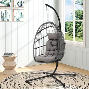 Grey Foldable Single Egg Chair Hanging Basket with Metal Bracket and Seat Cushion