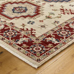 Persian Cream Traditional Easy to Clean Geometric Bordered Wool Rug for Living Room & Bedroom-80cm X 150cm