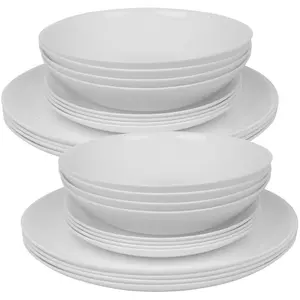 Queensway Home & Dining 26cm Diameter 24 Pcs White Opal Glass Luna Dinner Plates Soup Bowls Dinnerware Set