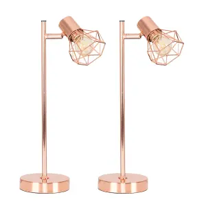 ValueLights Angus Pair of Angus Style Metal Basket Cage Desk Lamps In Copper Finish