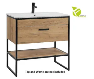 800 Bathroom Vanity Sink Unit Cabinet with Basin Black Steel Oak Freestanding Loft Industrial Brook