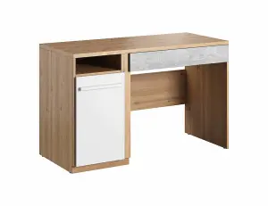 Modern Plano Computer Desk with Drawer and Shelf in White, Concrete & Oak Nash (H)760mm (W)1200mm (D)550mm - Ideal for Home Office