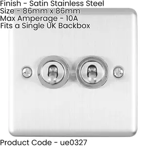 5 PACK 2 Gang Double Retro Toggle Light Switch SATIN STEEL 10A 2 Way Wall Plate