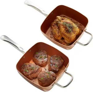 Cera Titanware Deep-Sided Copper-Infused Square Non-Stick Cooking Pan with Steamer Tray, Frying basket & Glass Lid