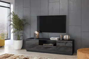 Chic Black Helio 40 TV Cabinet, Extensive Storage for 60" TVs, 2 Drop-Down Doors, Drawer & Open Shelf, H500mm W1800mm D480mm