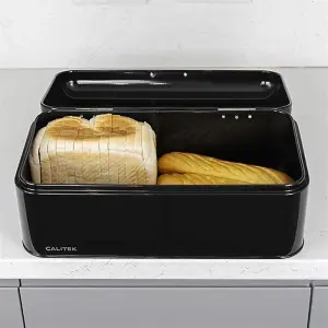 CALITEK Bread Bin Kitchen Counter Vintage Style Coated Carbon Steel Black