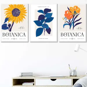 Blue & Yellow Floral Boho Sunflower Wall Art Prints / 42x59cm (A2) / White Frame