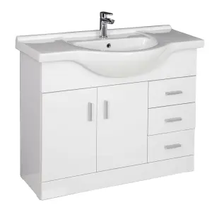 Rinse Bathrooms Gloss White Painted Bathroom Basin Sink Vanity Unit Cabinet Soft Close Door Hinges Floor Standing 1050mm