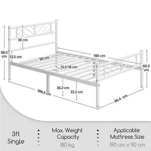 Minimalist Metal Slatted Bed Platform with Arrow Design Headboard White / Single (3')