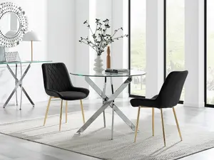 Furniturebox UK Novara 100cm Round  Dining Table and 2 Black Pesaro Gold Leg Chairs