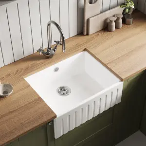 595mm - Fireclay Kitchen Single Bowl Fluted Front Butler Sink - with Overflow