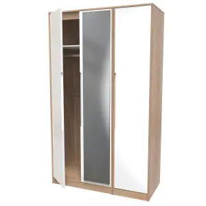 Turin Tall Triple Mirror Wardrobe in White Gloss & Bardolino Oak (Ready Assembled)