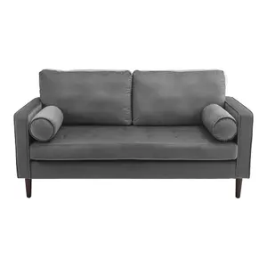 Grey Double Sofa 2-Seat Velvet Sofa with Bolster Pillows