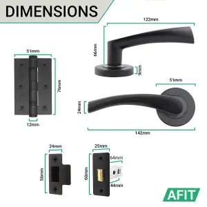 AFIT Matt Black Door Handle Latch set, Pack of 6 - Round Internal Door Handles, Latch (64mm), Hinges (76mm) Matt Black Novi Range