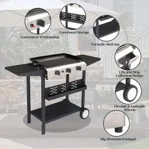 Portable 3 Burner Gas Grill BBQ Stainless Steel Outdoor Propane Cooktop with Foldable Stand