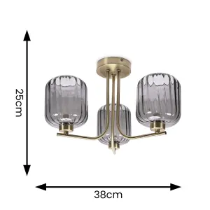 ValueLights Amelie Gold 3 Way Ceiling Light with Smoked Ribbed Glass Shades - LED Bulbs Included