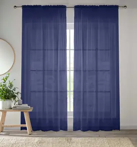 Sheer Navy Plain Woven Voile Slot Top Curtain Panel Pair (57x72") 145x183cm