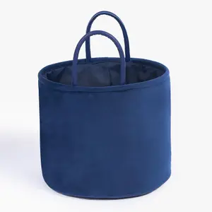 Velvet Storage Basket Hamper Clothes Toys Organiser Fabric Bag, Navy Blue