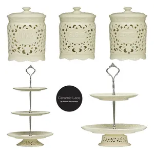 Interiors By Premier Elegant 2 Tier Ceramic Lace Cake Plate, Two Tier Design Cake Stand For Dinner, Versatile Cupcake Plate