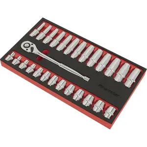 27 PACK DEEP Socket Set - 1/2" Metric Square Drive 6 Point & Ratchet Handle