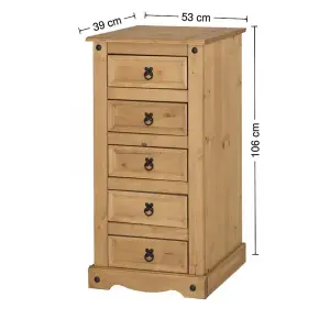 Mercers Furniture Corona 5 Drawer Narrow Chest Solid Pine with Mexican Styling