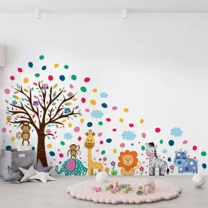 Walplus Combo Kids - Happy London Zoo with Colourful Dalmatian Dots Wall Sticker PVC