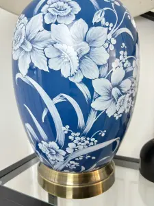 Blue Oriental Ceramic Table Lamp with Pleated Shade