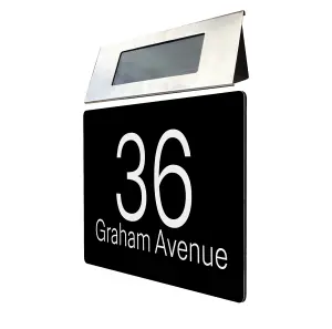 Personalised Aluminium House Plaque with Solar Light Customised with Your House Number and Street Name 160 x 280mm Black