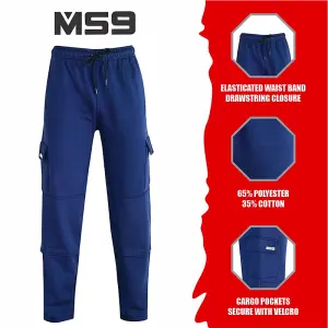 MS9 Mens Cargo Combat Fleece Trouser Work Tracksuit Jogging Bottoms Pants H20, NAVY - XXL