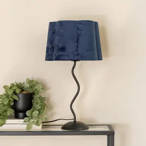 ValueLights Wiggle Black Metal Single Stem Table Lamp with Navy Blue Velvet Scallop Lamp Shade and LED Bulb