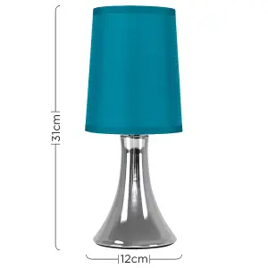 ValueLights Small Modern Chrome Touch Table Lamp With Teal Fabric Shade - Includes 5w LED Dimmable Candle Bulb 3000K Warm White