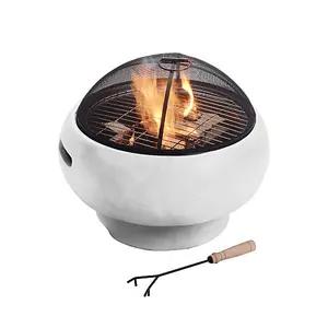 Teamson Home Outdoor Wood Burning Fire Pit, Round Concrete Garden Heater, Log Burner, Includes Lid & Poker - 53 x 53 x 47 (cm)