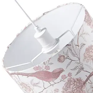 Traditional Cotton Lamp Shade with Pink Long Tailed Birds and Floral Decor