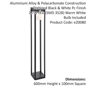 600mm Solar Powered Outdoor Bollard Post Light - Textured Black & White Diffuser