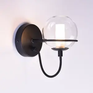 HARPER LIVING 1xG9 Up Wall Light with On/Off Switch, Matt Black Finish, Globe Shaped Glass Shade