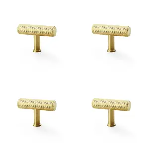 4 PACK - Knurled T Bar Cupboard Door Knob - 55mm x 38mm - Satin Brass Unit Pull Handle