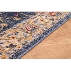 Blue Easy to Clean Bordered Floral Traditional Rug for Living Room, Bedroom, Dining Room - 160cm X 225cm