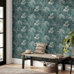 Japanese Oriental Garden Inspired  Wallpaper Teal Blue World of Wallpaper 946101