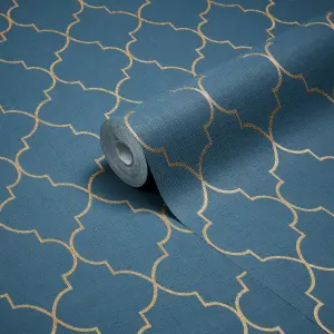 Grandeco Deco trellis Navy Metallic effect Geometric Embossed Wallpaper