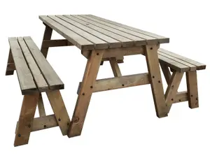 Victoria wooden picnic bench and table set, outdoor dining set (8ft, Rustic brown)