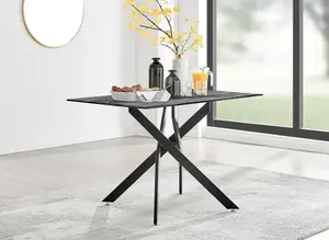 Furniturebox UK Leonardo Grey Glass Marble Effect Black Leg Table & 4 Cream Pesaro Black Leg Chairs