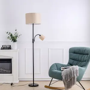 177cm Black Metal E27 Base Fabric Lampshade Mother&child Floor Light Floor Lamp with Individual Switch